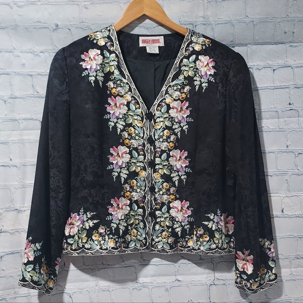 Maggy London Blazer Jacket Blouse 12 Silk Jacquard Floral Oriental Asian Flare